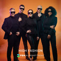 Five people in stylish outfits with sunglasses on an orange background, featuring the text 'High Fashion' and 'PBM AI Prompt Packs'.