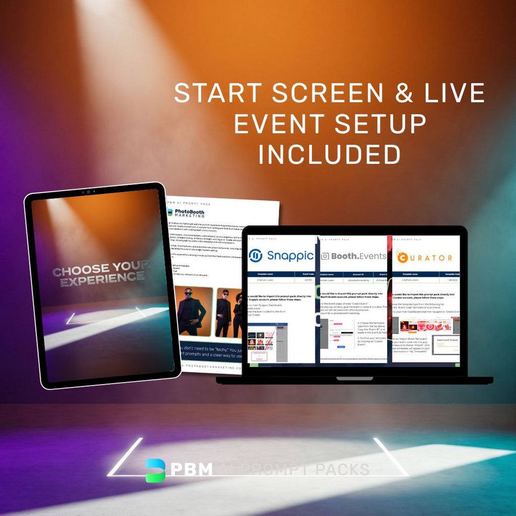 Promotional graphic for event setup and start screen included in this AI Prompt Pack for a High Fashion AI Photo Booth Experience.
