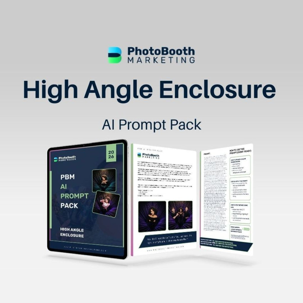 AI Prompt Pack for PhotoBooth Marketing with high angle enclosure on a gray background