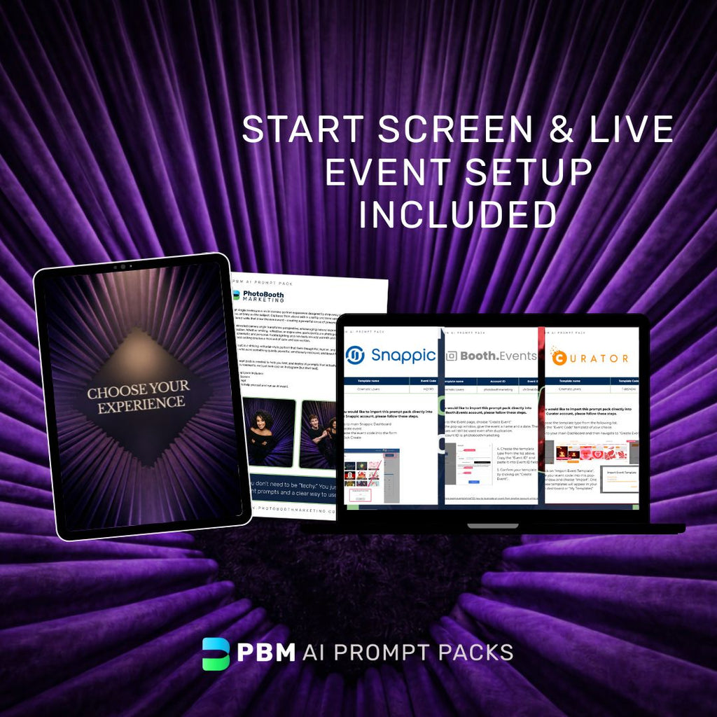 Promotional graphic for PBM AI Prompt Packs with tablet and laptop  displaying start sceen example & event set up guides for this Photo Booth AI Prompt Pck on a purple background.
