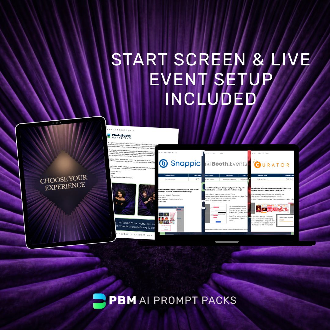 Promotional graphic for PBM AI Prompt Packs with tablet and laptop  displaying start sceen example & event set up guides for this Photo Booth AI Prompt Pck on a purple background.