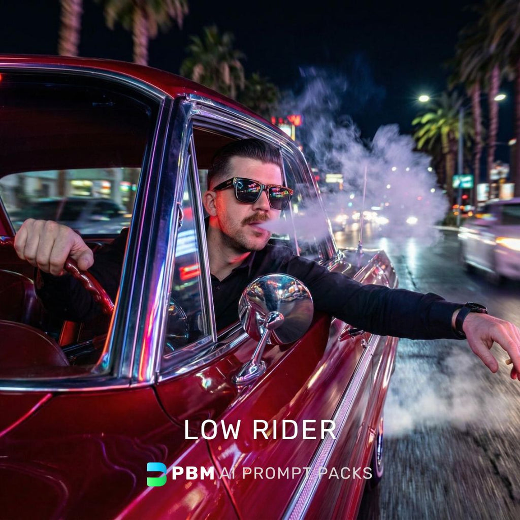 Man in sunglasses leaning out of a red car with palm trees and city lights in the background, featuring 'Low Rider' text and 'PBM AI Prompt Packs' logo.