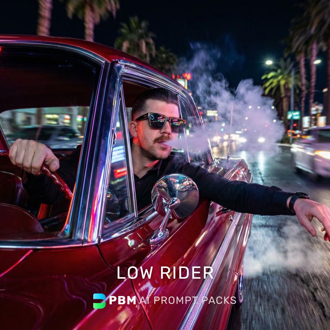 Man in sunglasses leaning out of a red car with palm trees and city lights in the background, featuring 'Low Rider' text and 'PBM AI Prompt Packs' logo.