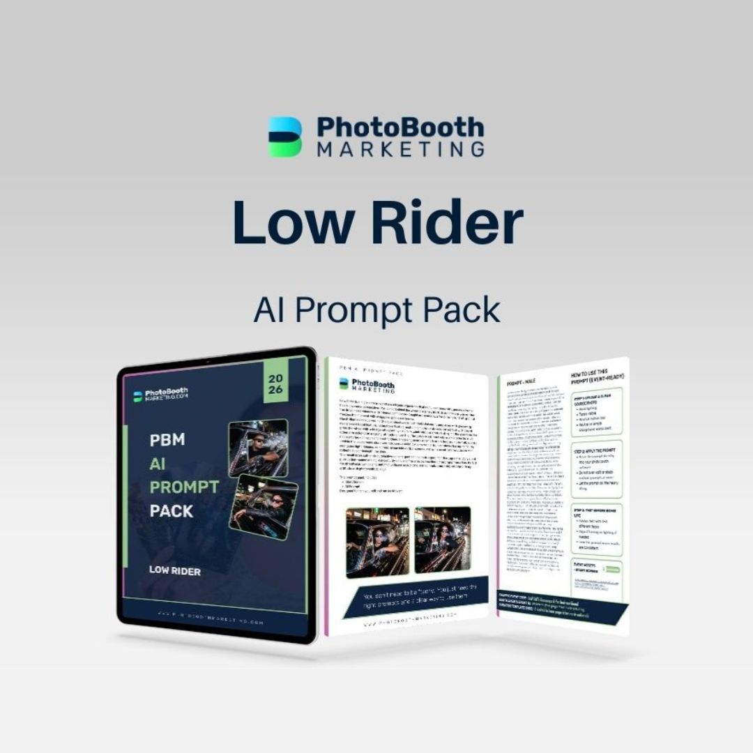 PhotoBooth Marketing AI Prompt Pack for Low Rider on a light gray background