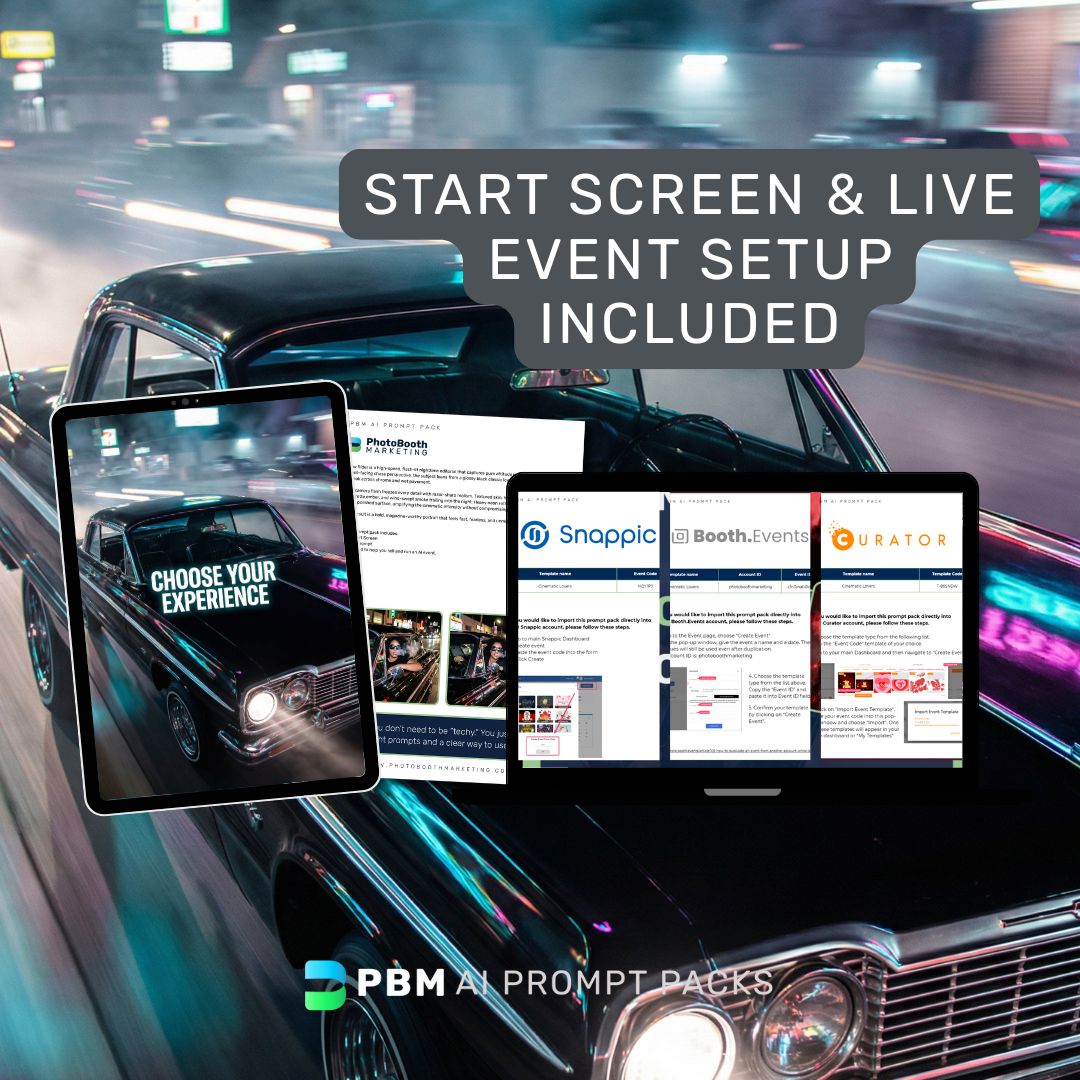Vintage car with digital screens displaying Photo Booth AI Prompt Packs & Start Screens on a city street at night.