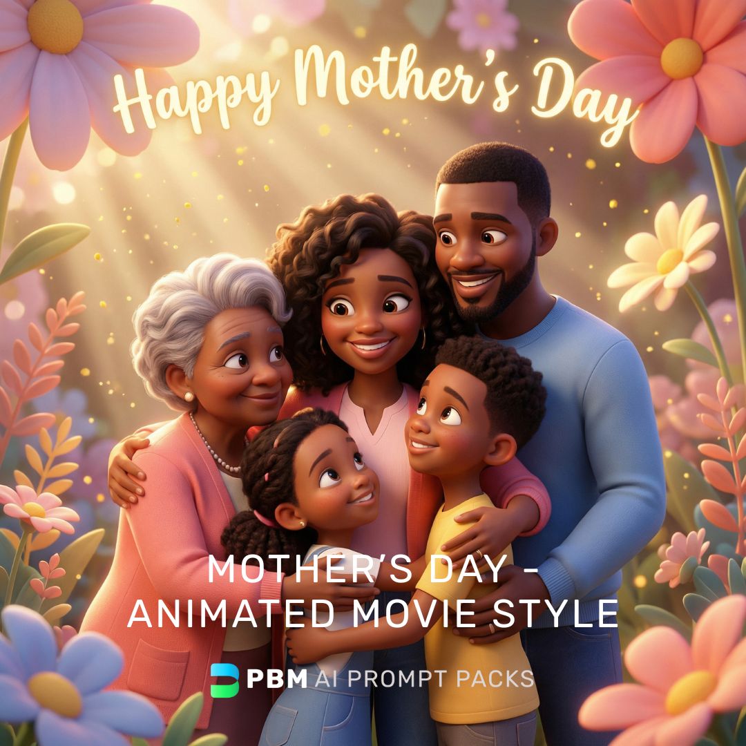 Family of five with 'Happy Mother's Day' text surrounded by flowers, featuring PBM AI Prompt Packs branding.
