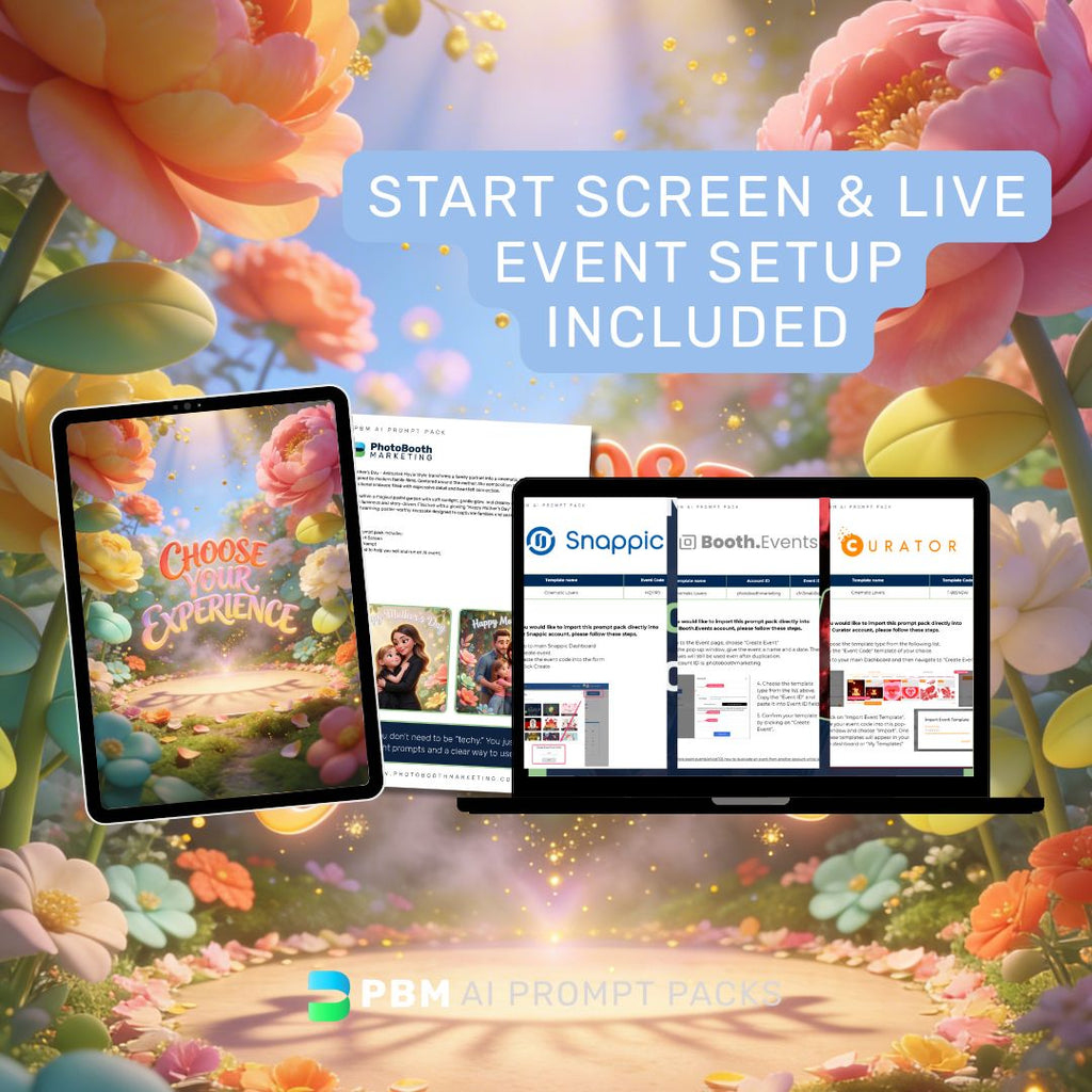 Floral background with digital devices displaying software interfaces, featuring text about start screen and live event setup included in this Photo Booth AI Prompt Pack.