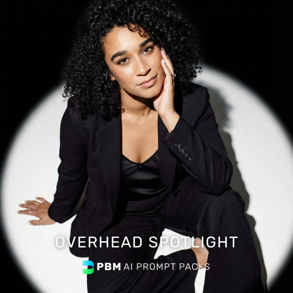 Woman in a black suit sitting with an overhead spotlight effect, featuring PBM AI Prompt Packs logo.