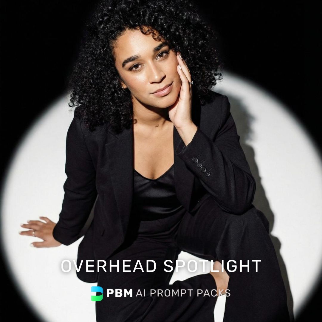 Woman in a black suit sitting with an overhead spotlight effect, featuring PBM AI Prompt Packs logo.