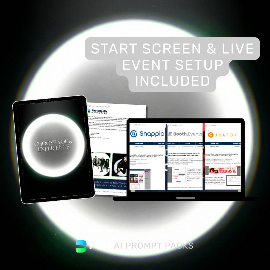 Two tablets displaying different interfaces with text about event setup and AI prompt packs.