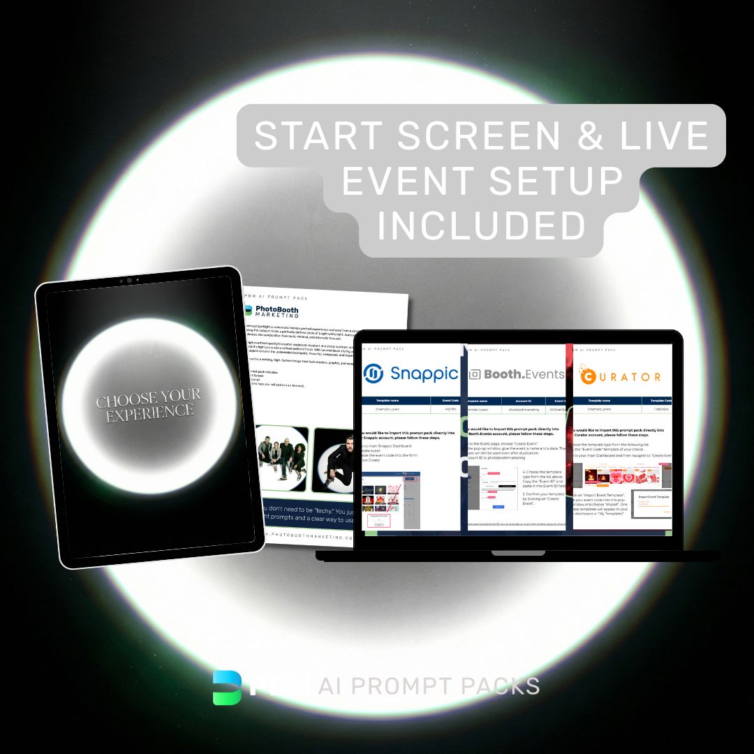 Two tablets displaying different interfaces with text about event setup and AI prompt packs.