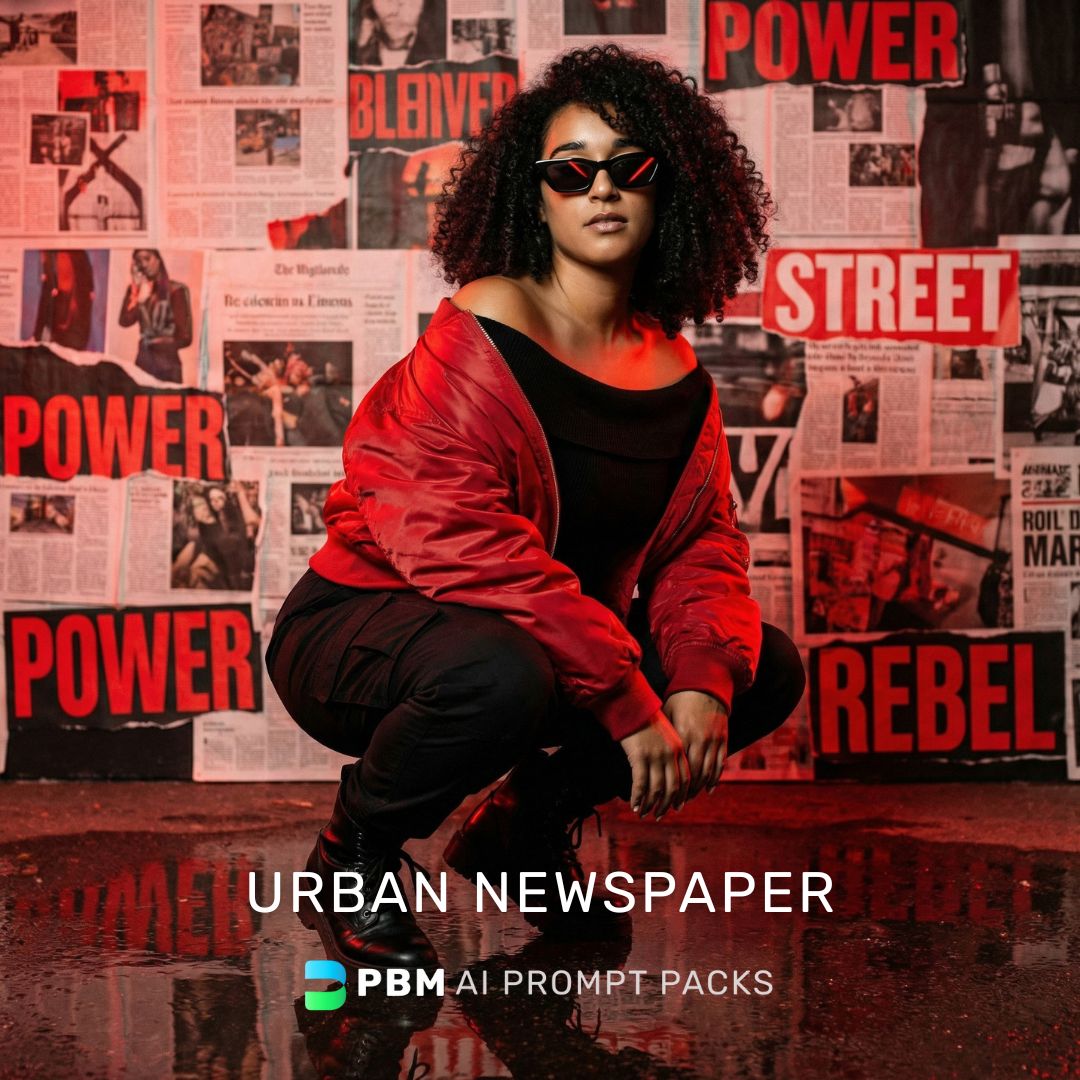 Woman in red jacket and sunglasses posing in front of an urban newspaper wall with motivational phrases. Photo Booth Marketing AI Prompt Packs Logo