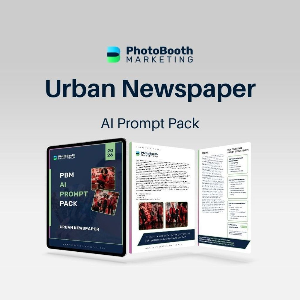 Urban Newspaper AI Prompt Pack by PhotoBooth Marketing on a light gray background