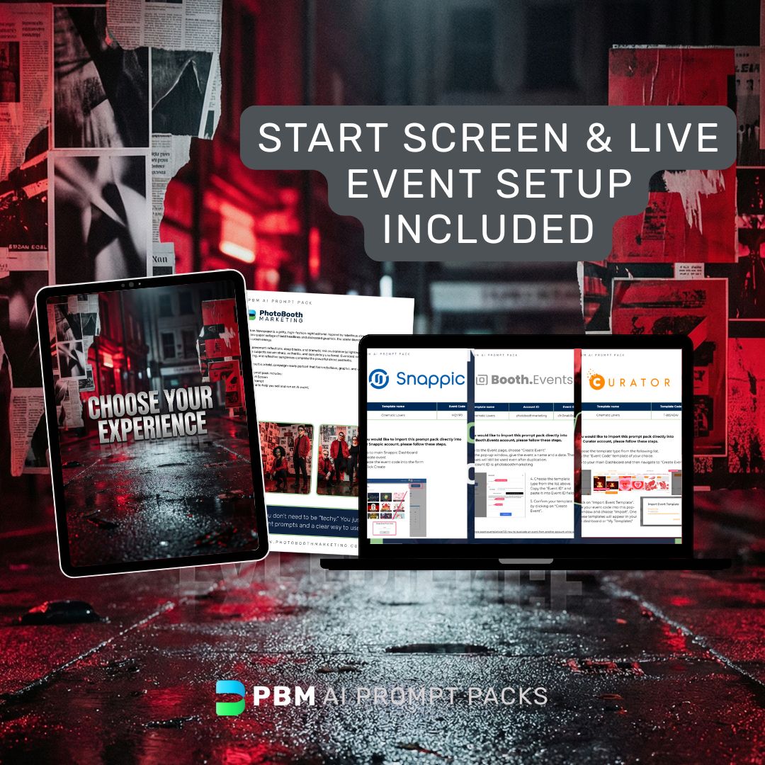 Tablet and laptop displaying event software on a dark, urban background with text about AI Prompt Pack event setup.