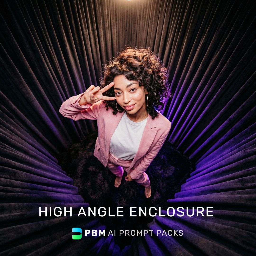 Person making a peace sign in a high angle enclosure with purple lighting and the PBM AI Prompt Packs logo.