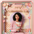 Mother's Day card with a woman holding flowers and decorative text and graphics.Mother's Day Cards experience from PhotoBooth Marketing AI Prompt Packs