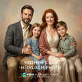 Family portrait with 'Mother's Day Heirloom Photo' text and PBM AI Prompt Packs logo.