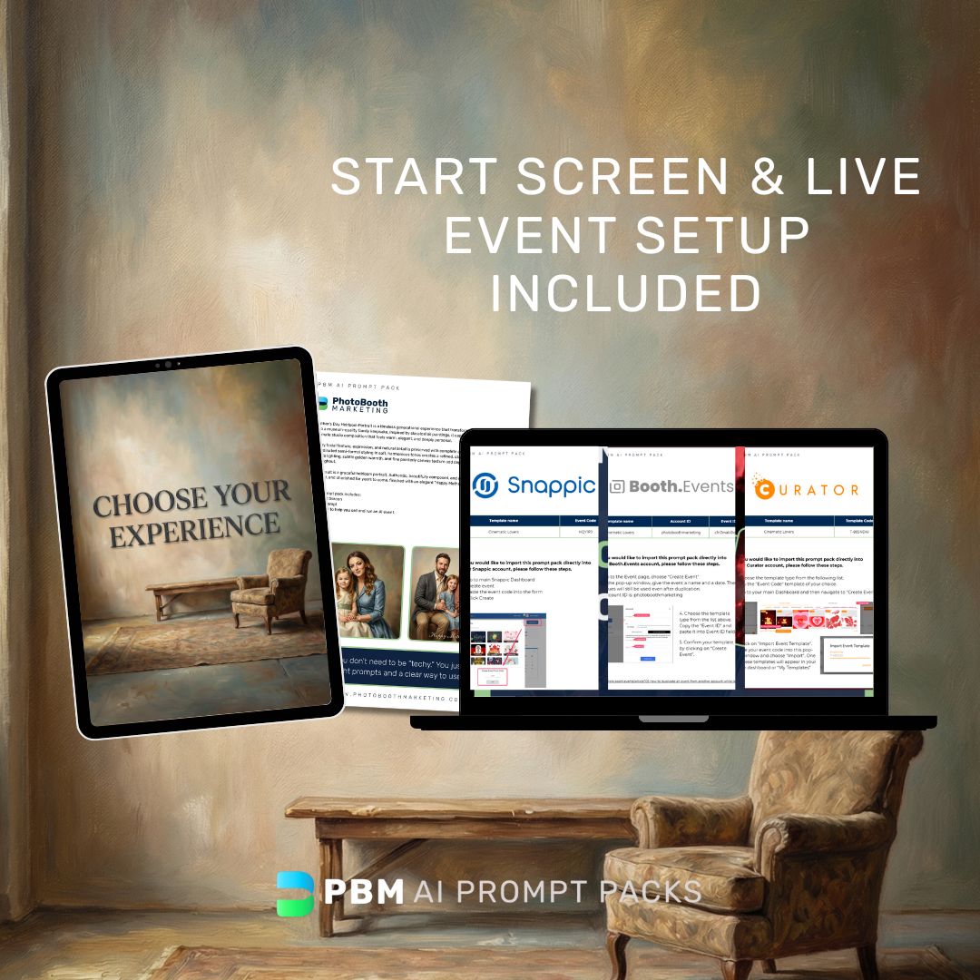 Previews of start screen and event set up guides included in this Photo Booth AI Prompt Pack.