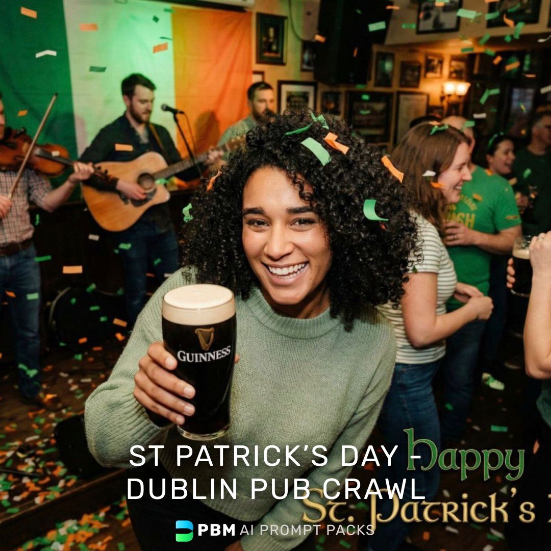 Person holding a Guinness beer mug in a pub celebrating St. Patrick's Day with music and confetti. PBM AI Prompt Packs Logo.