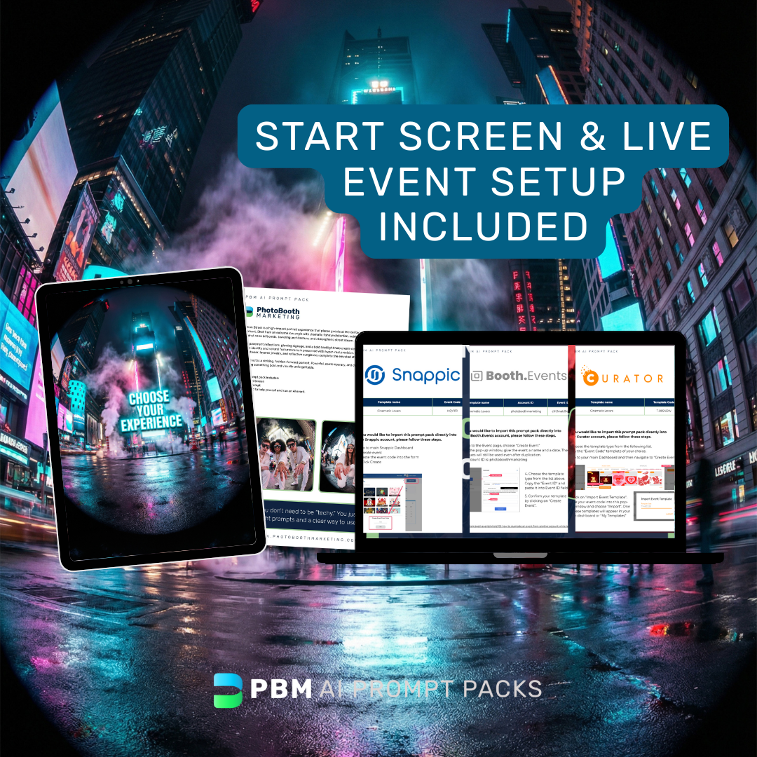 Promotional graphic for PhotoBooth Marketing AI Prompt Packs with digital devices displaying event setup & start screens on a cityscape background.