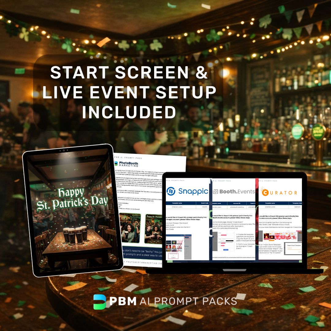 Tablet and laptop displaying software interfaces with a ST Patricks day dublin pub set up for this Photo Booth AI Prompt Pack Experience. 